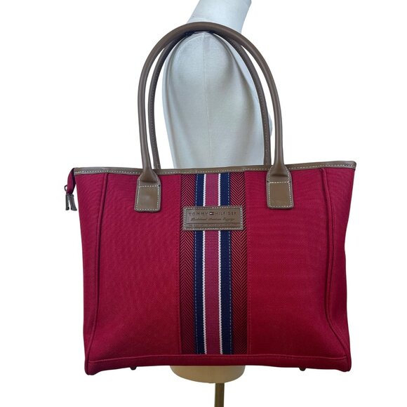 Tommy Hilfiger Women’s Red & Blue Canvas & Faux Leather Striped Accent Tote Bag - Picture 7 of 14